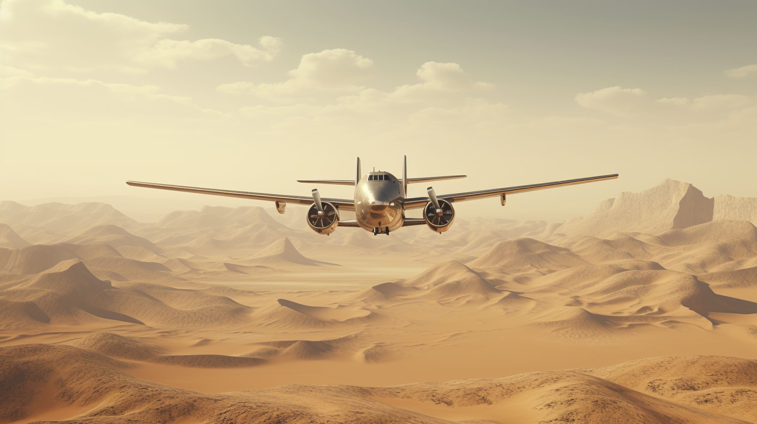 A photo of a cargo airplane flying above a desert landscape